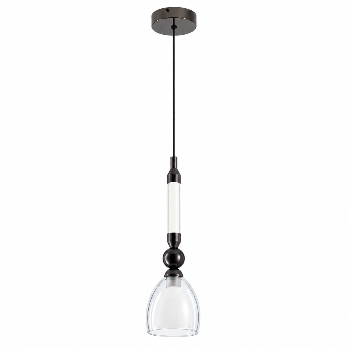 Luma Clear Glass Bell & Rod Pendant Light, studio view on white