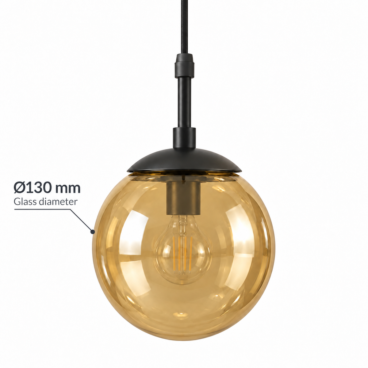Lustre Glass Globe & Black Cap Pendant, dimension diagram; Glass globe diameter only: 130 mm. Overall height and suspension drop are not specified.