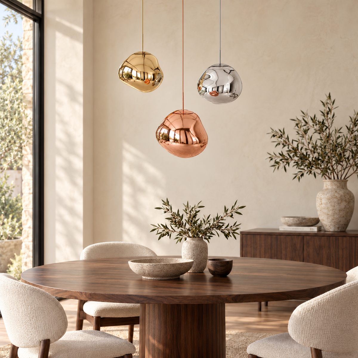 Mixed Metallic Acrylic Three-Drop Chandelier, unlit in a daytime interior