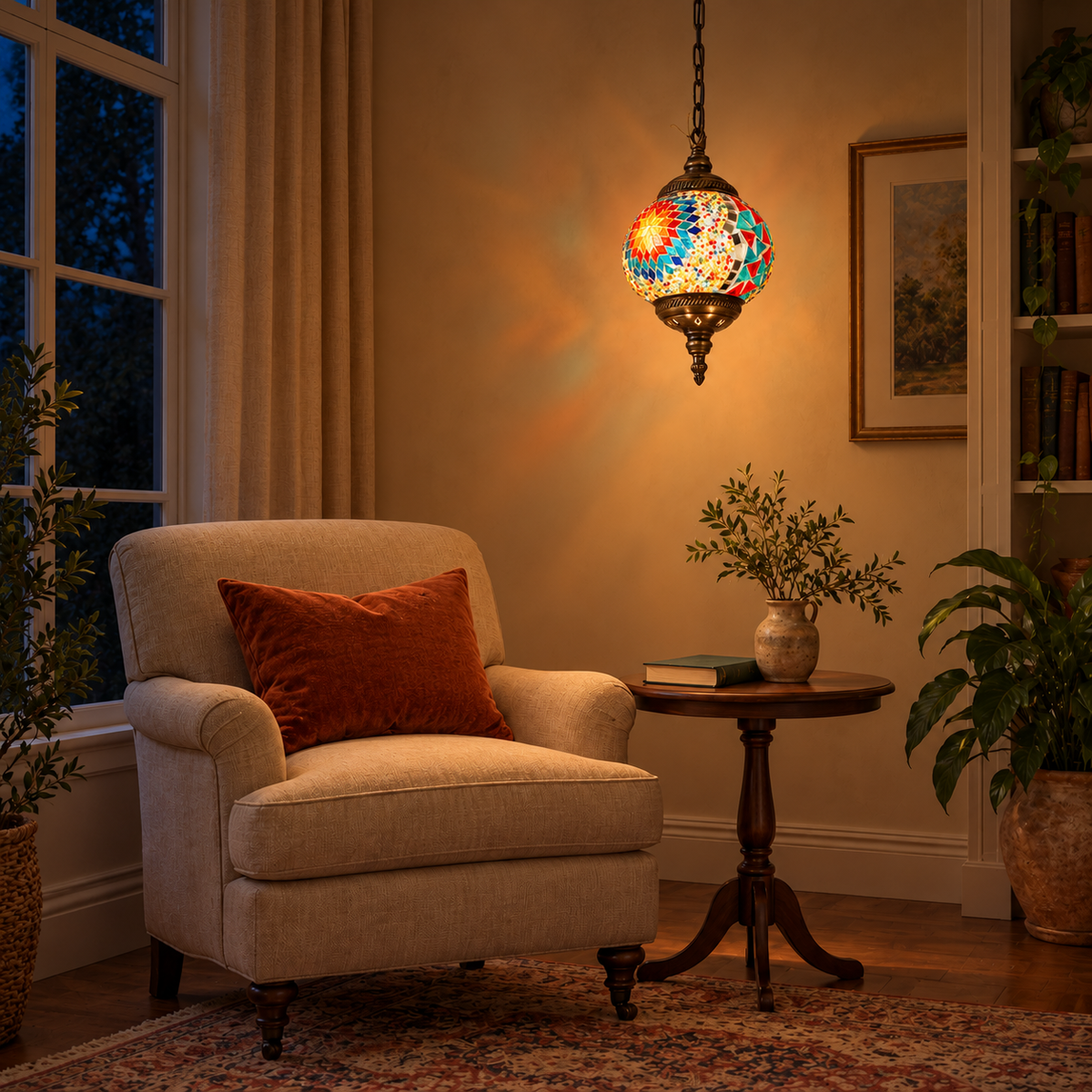 Mosaica Tiffany Glass Pendant Light, evening interior, light on