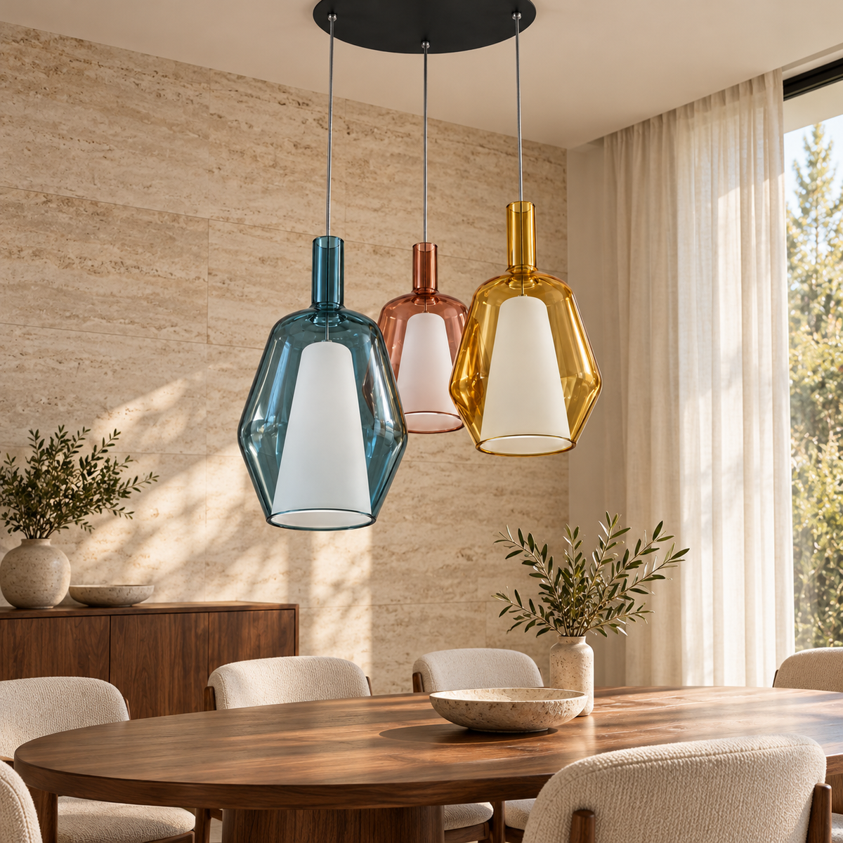 Multicolour Three-Drop Lantern Chandelier, unlit in a daytime interior