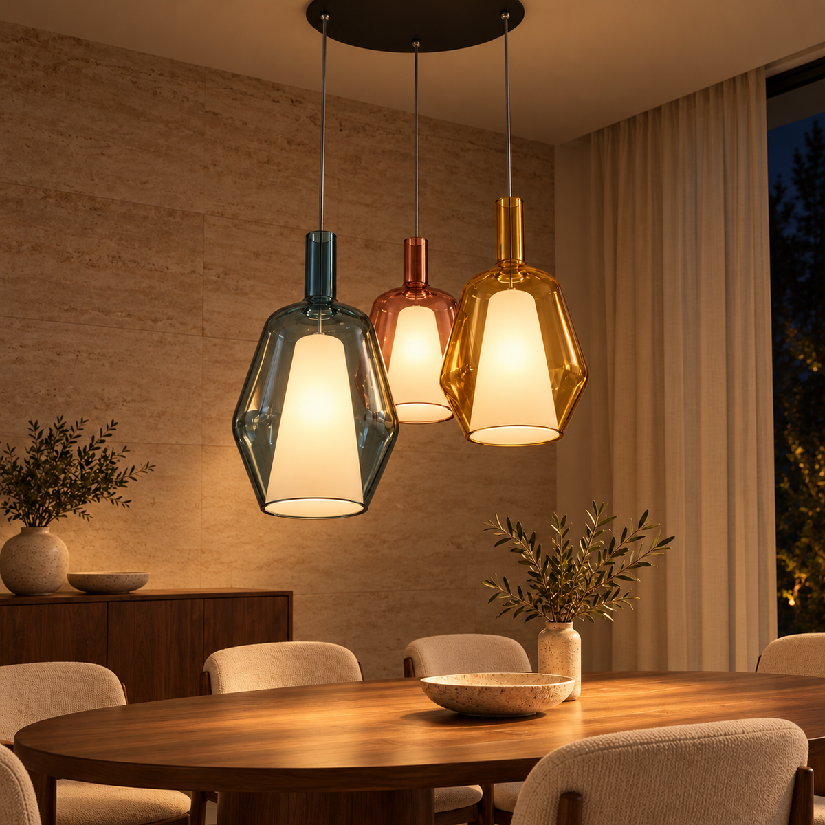 Multicolour Three-Drop Lantern Chandelier, illuminated in a nighttime interior