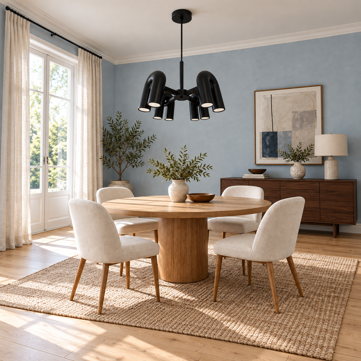 Noctelle Black Four-Module Tubular Chandelier – daylight interior, light off