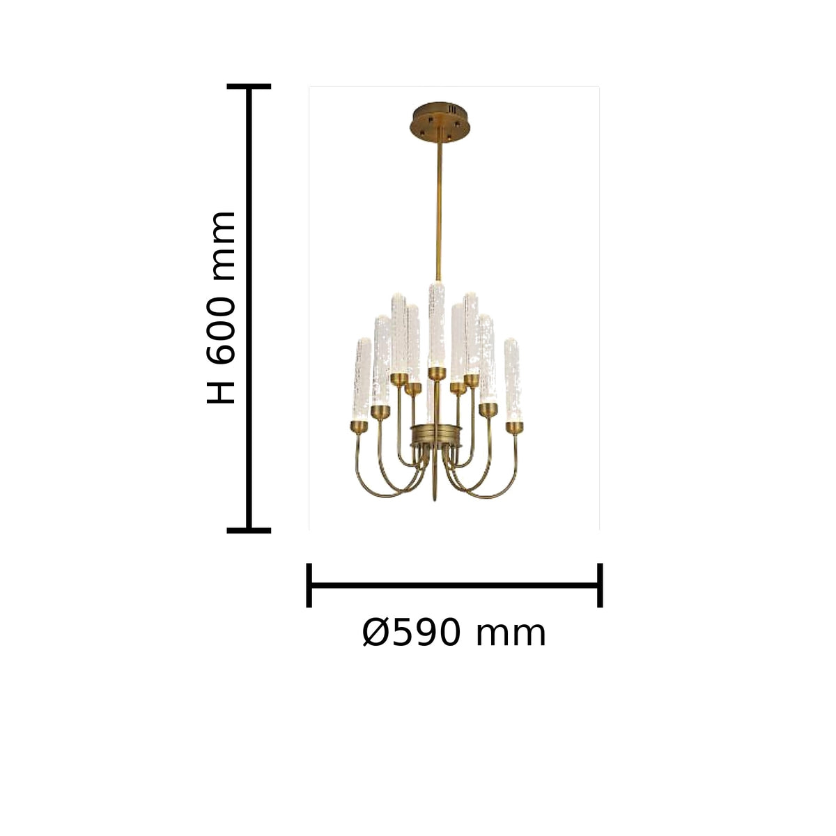 Clear Glass Tube Chandelier 10 Light dimension image, Ø590 mm x H600 mm