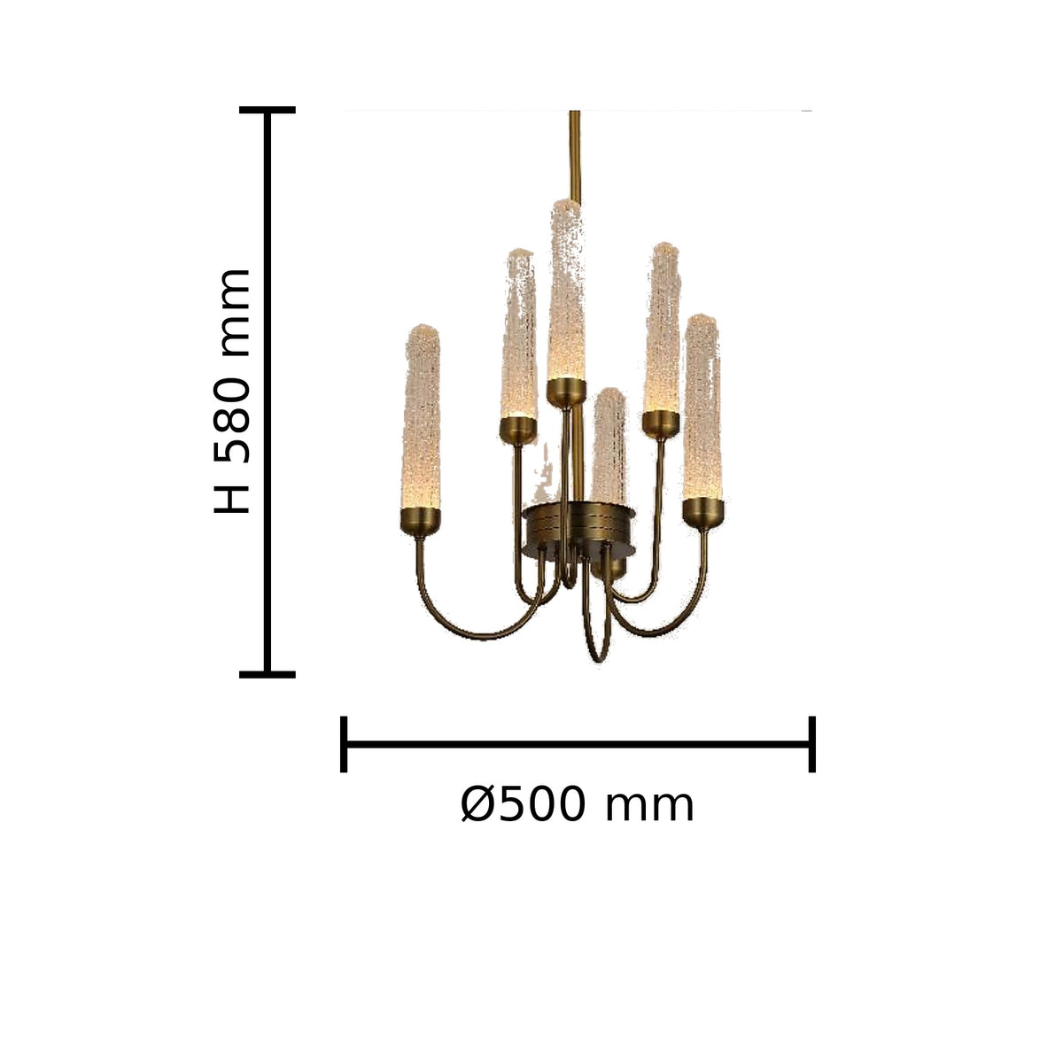 Clear Glass Tube Chandelier 6 Light dimension image, Ø500 mm x H580 mm
