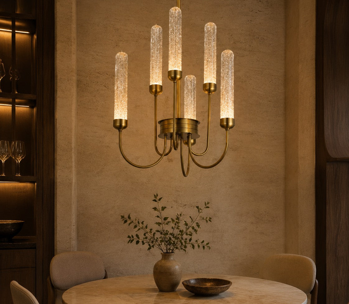 Clear Glass Tube Chandelier 6 Light full original in-situ image