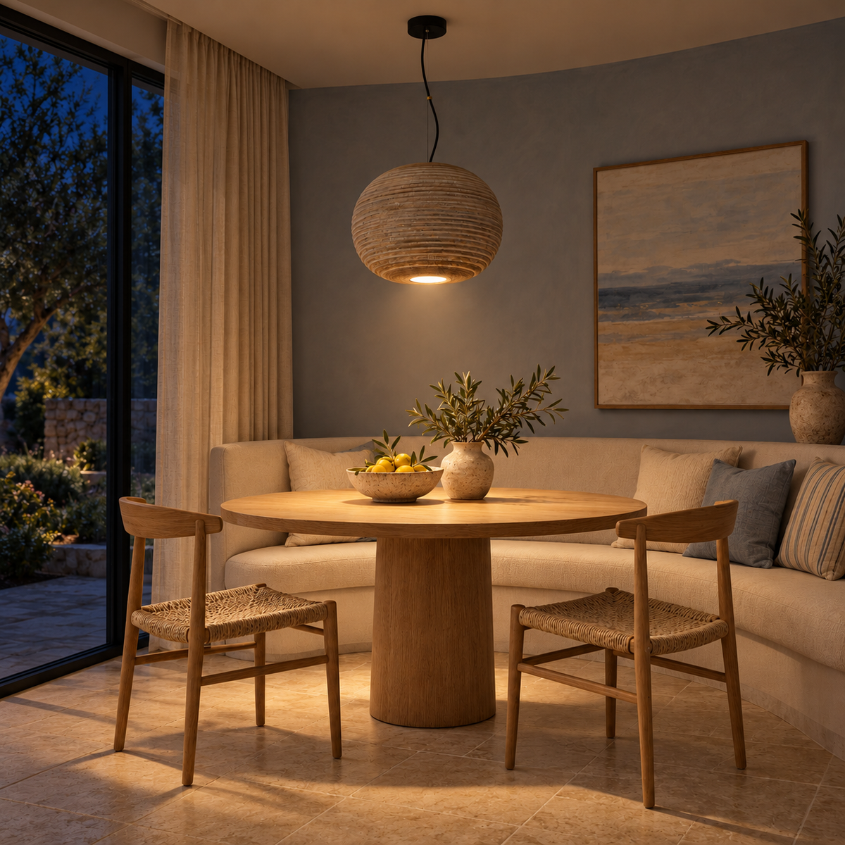 Oaken Rounded Ribbed Wood Pendant Light – evening interior, light on