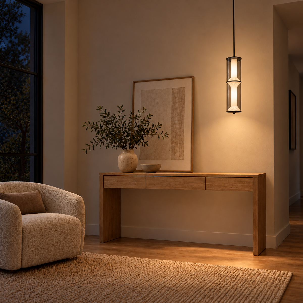 Obelisk Smoke & White Glass Pendant Light, evening interior, light on