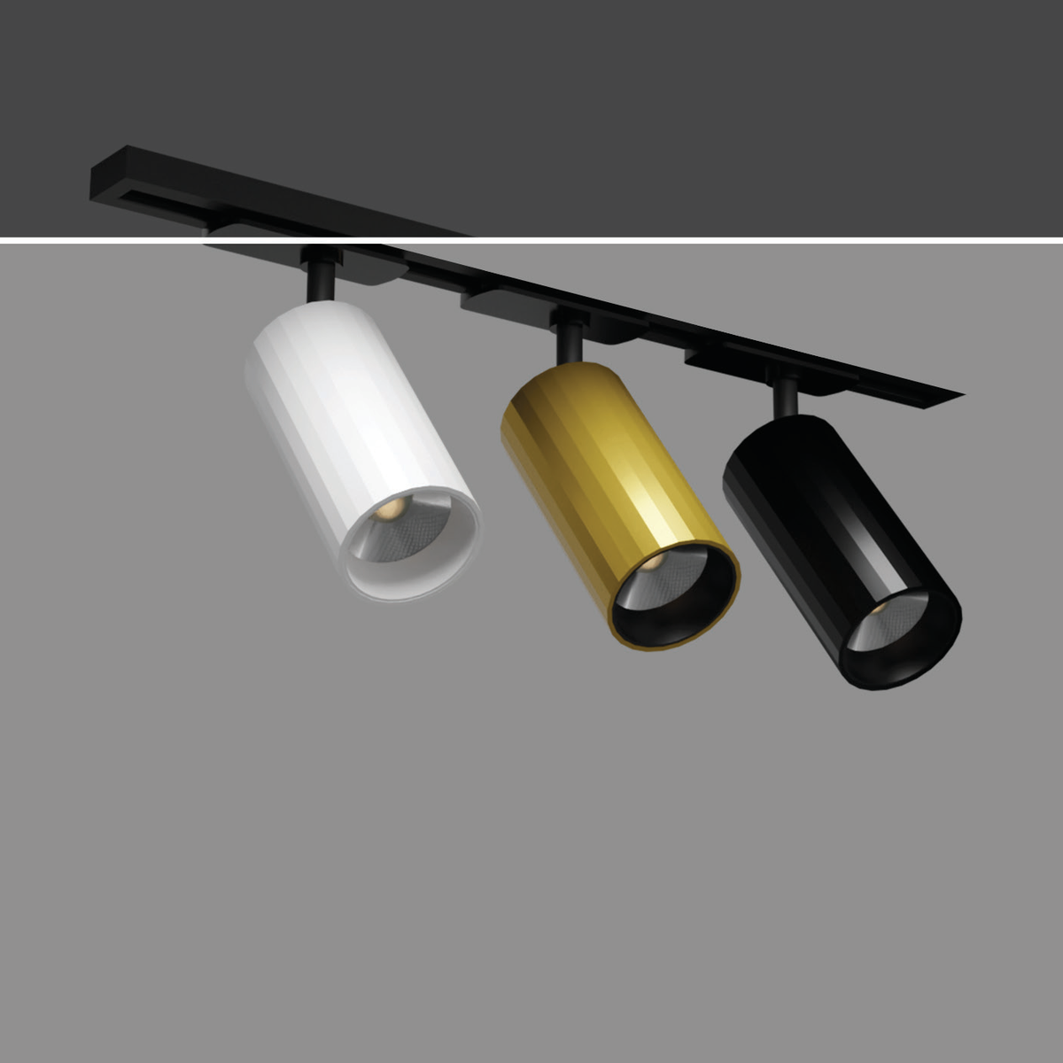 OBLIQUE-TRACK original family reference showing white, gold and black faceted cylindrical track spotlights on a demonstration track; exact photographed wattages unspecified, price per one selected fitting.