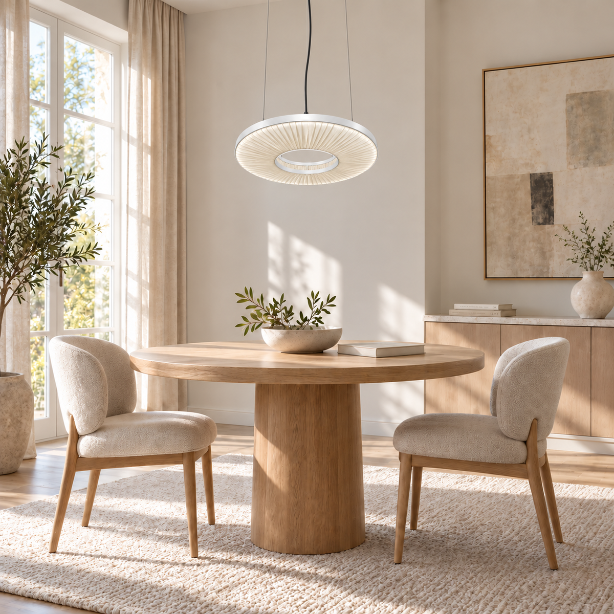 Off-White Pleated Silk Ring Pendant, unlit in a daytime interior