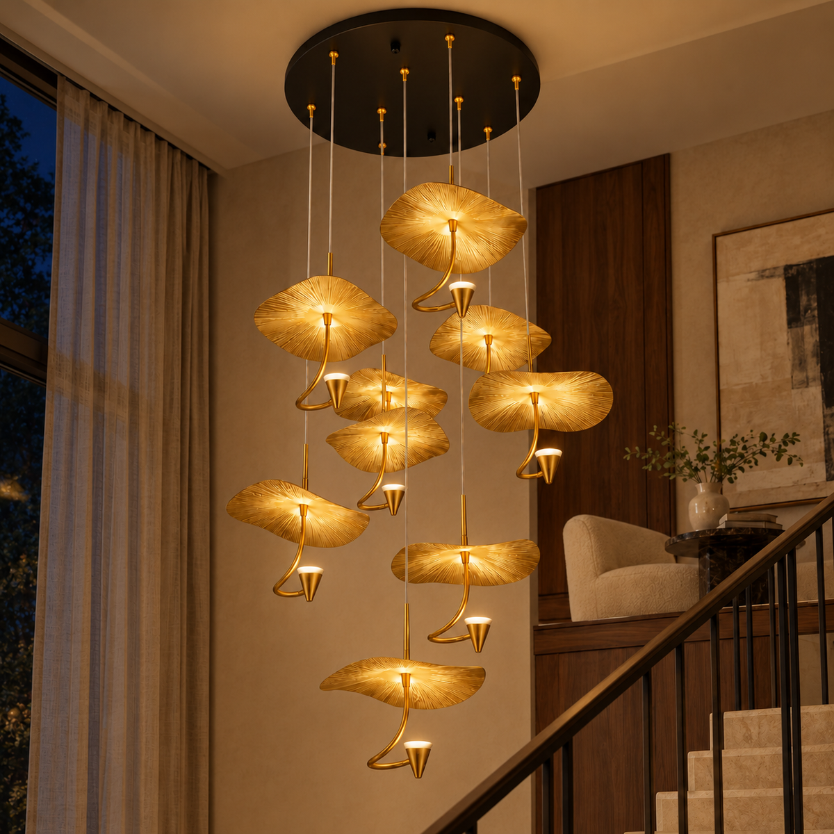 Ondine Nine-Drop Wave Chandelier, evening interior, light on
