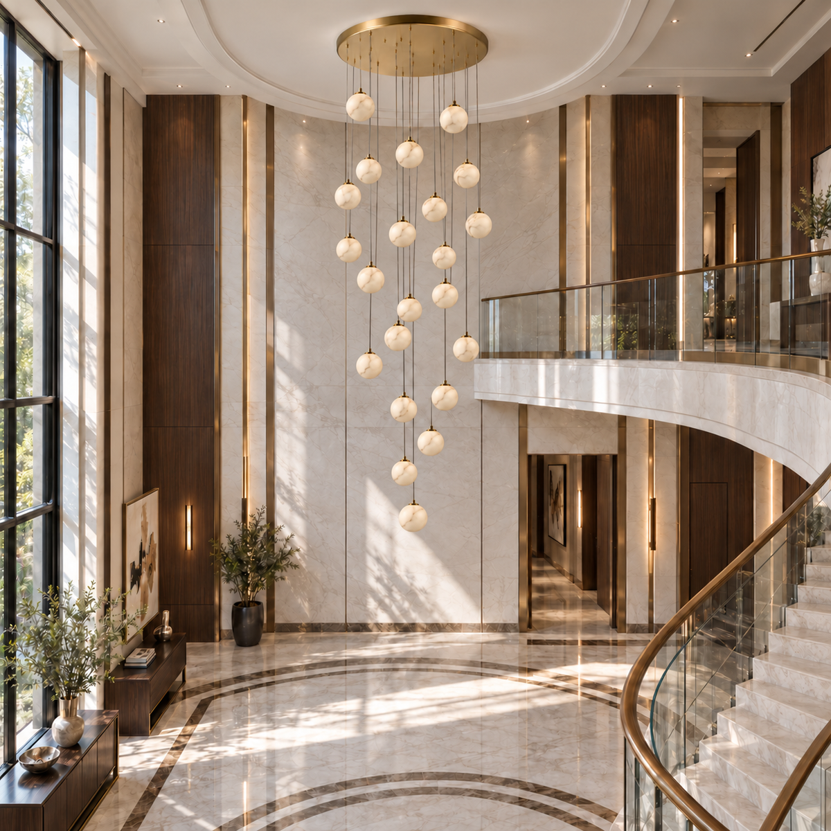 Orba Twenty-Two-Globe Cascade Chandelier, daylight interior, light off
