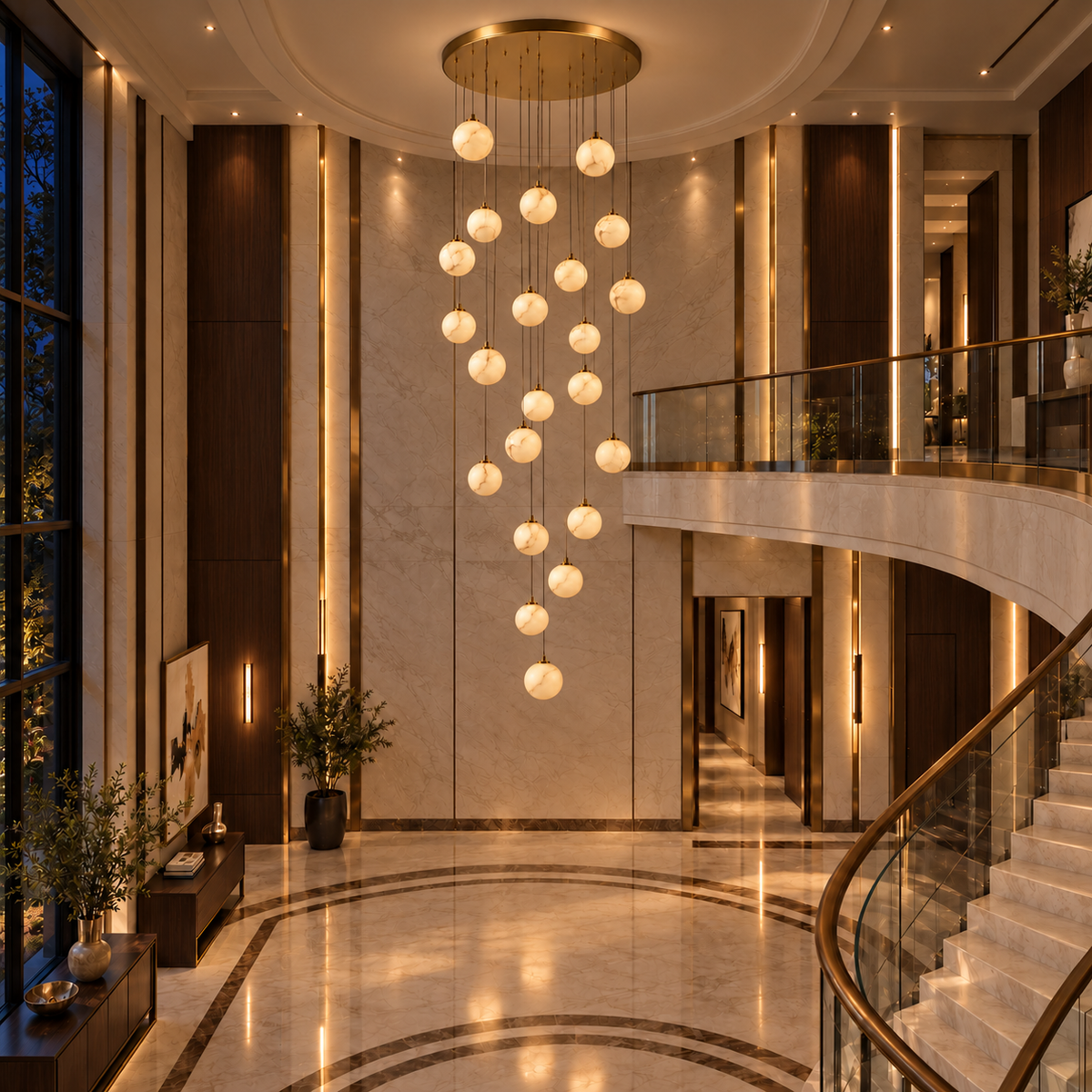 Orba Twenty-Two-Globe Cascade Chandelier, evening interior, light on