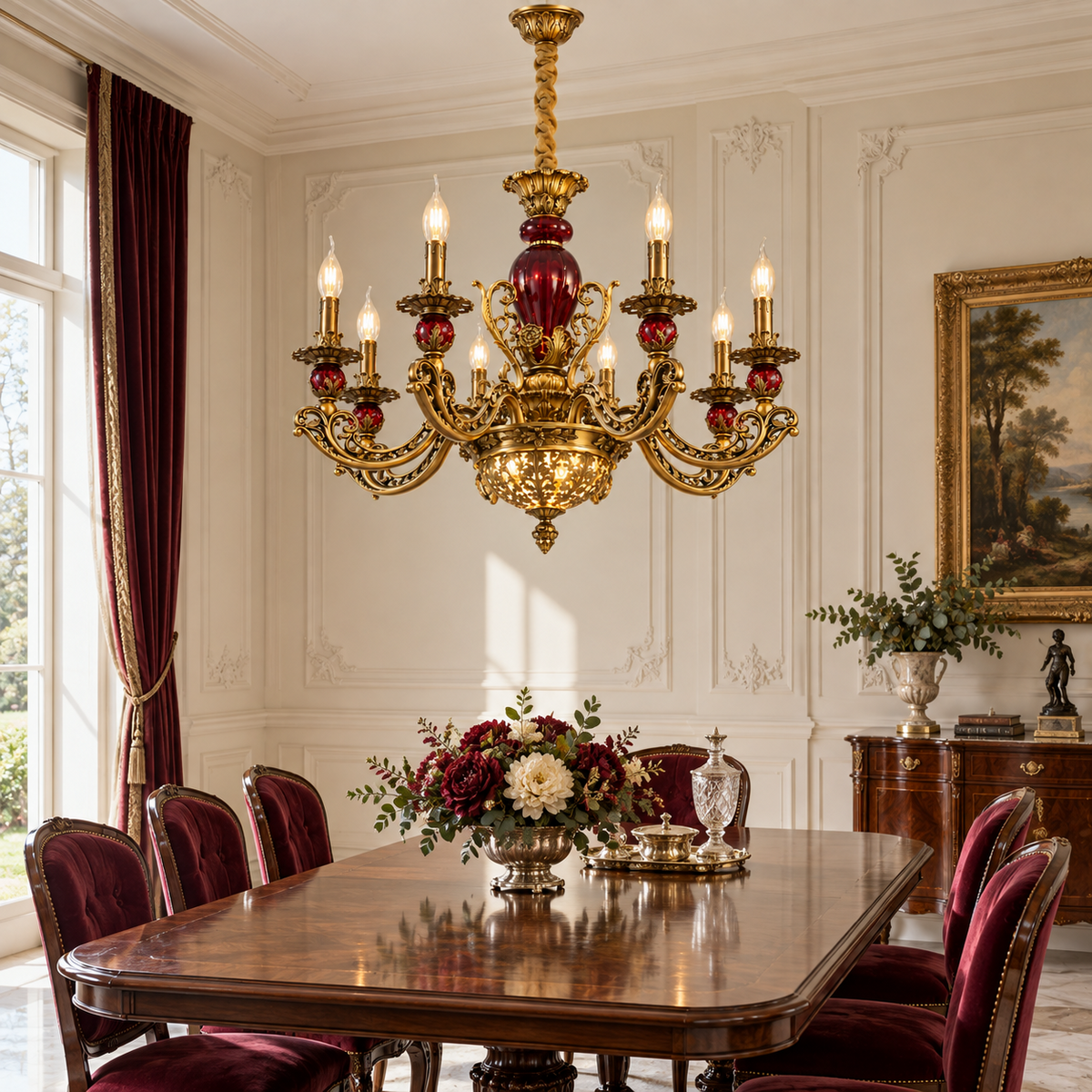 Ornate red glass classical chandelier in a bright luxury dining room