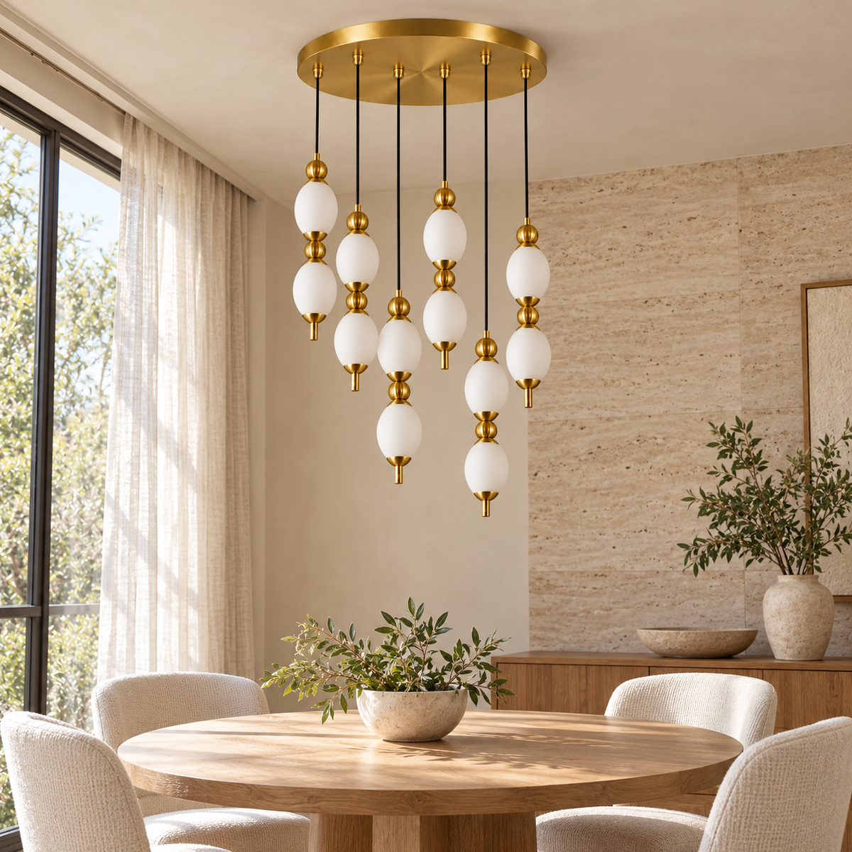Ovelle Six-Drop Acrylic Chandelier, daylight interior, light off