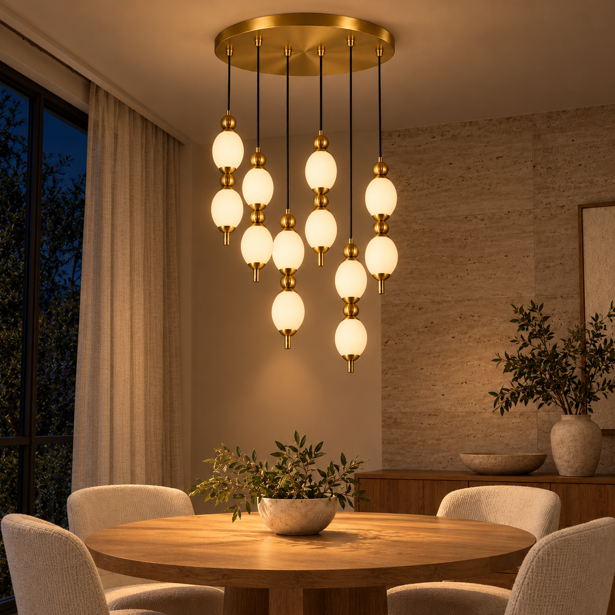 Ovelle Six-Drop Acrylic Chandelier, evening interior, light on