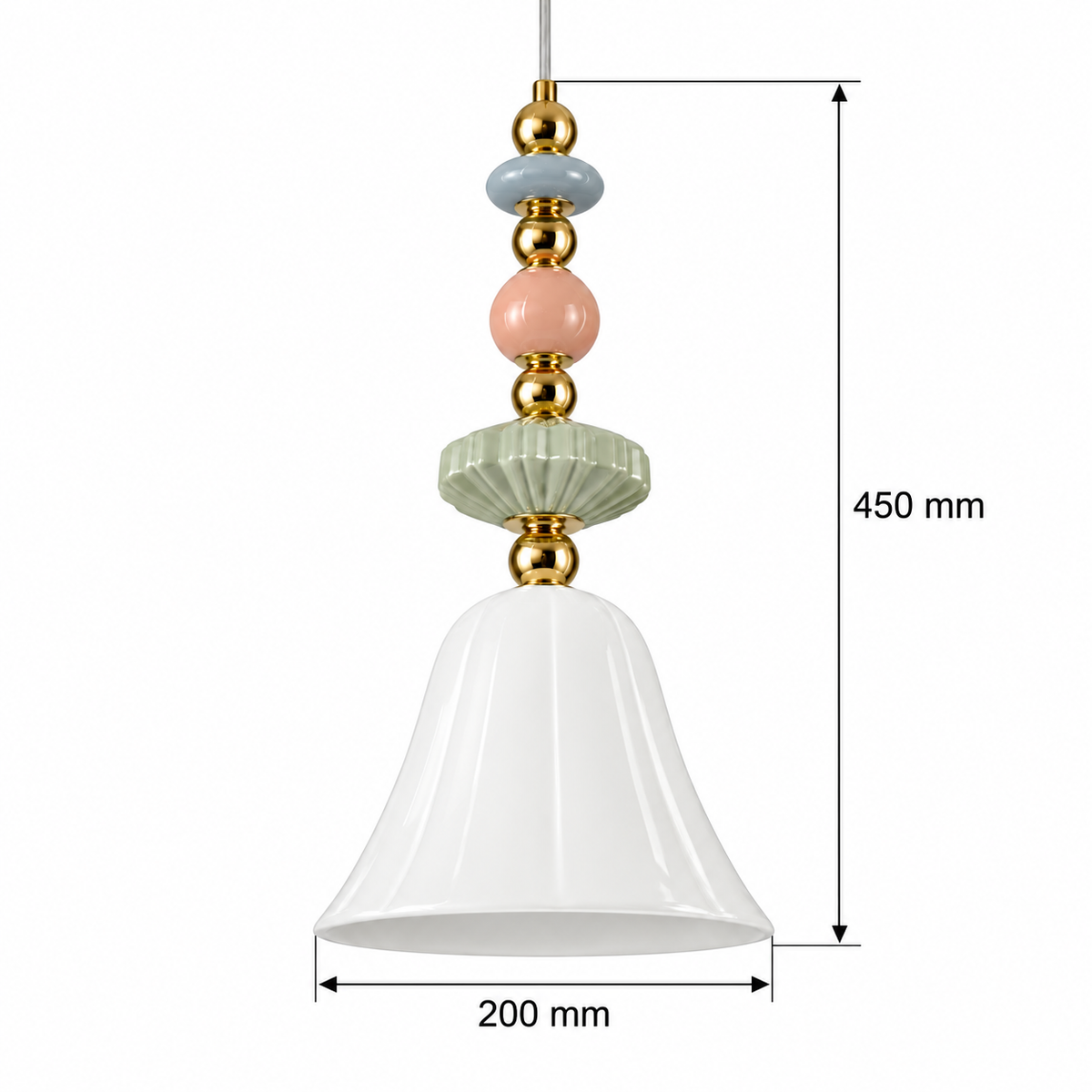 Pastella Ceramic Bell & Bead Pendant Light – confirmed dimensions in millimetres