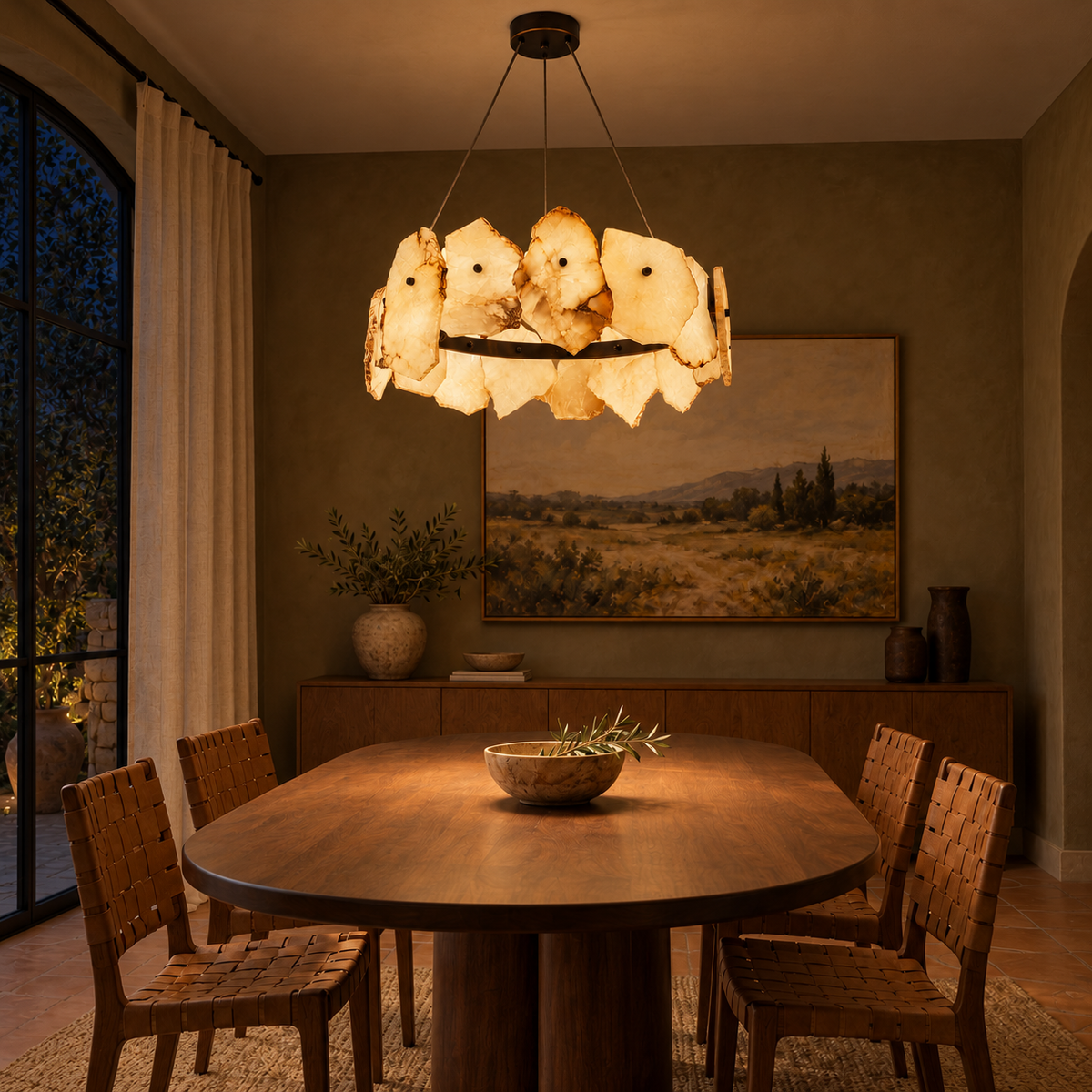 Petra Sculpted Marble Ring Chandelier, evening interior, light on
