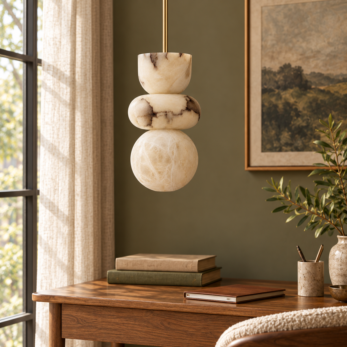 Petra Stacked Marble Pendant Light, daylight interior, light off