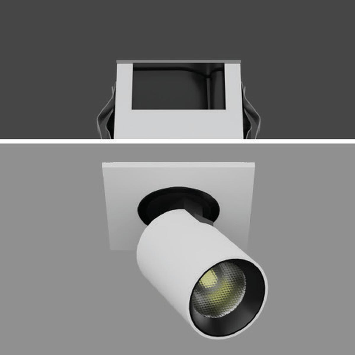 PLUCK single 3W white-body recessed spotlight in its original ceiling installation reference, preserving projecting cylindrical head and square trim; black-body image unavailable.