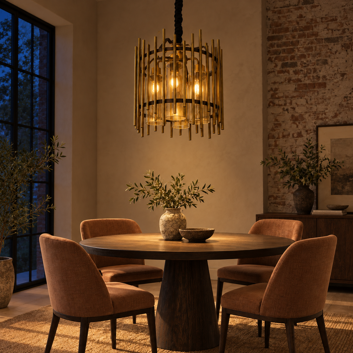 Portico Amber Glass Cage Chandelier, evening interior, light on