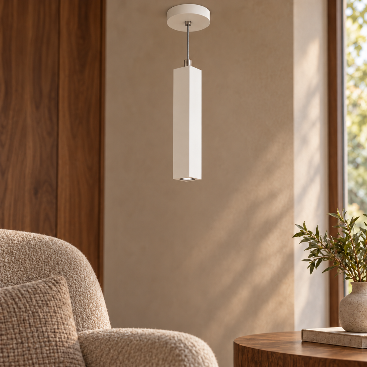 Prisma White Square Pendant Light, daylight interior, light off