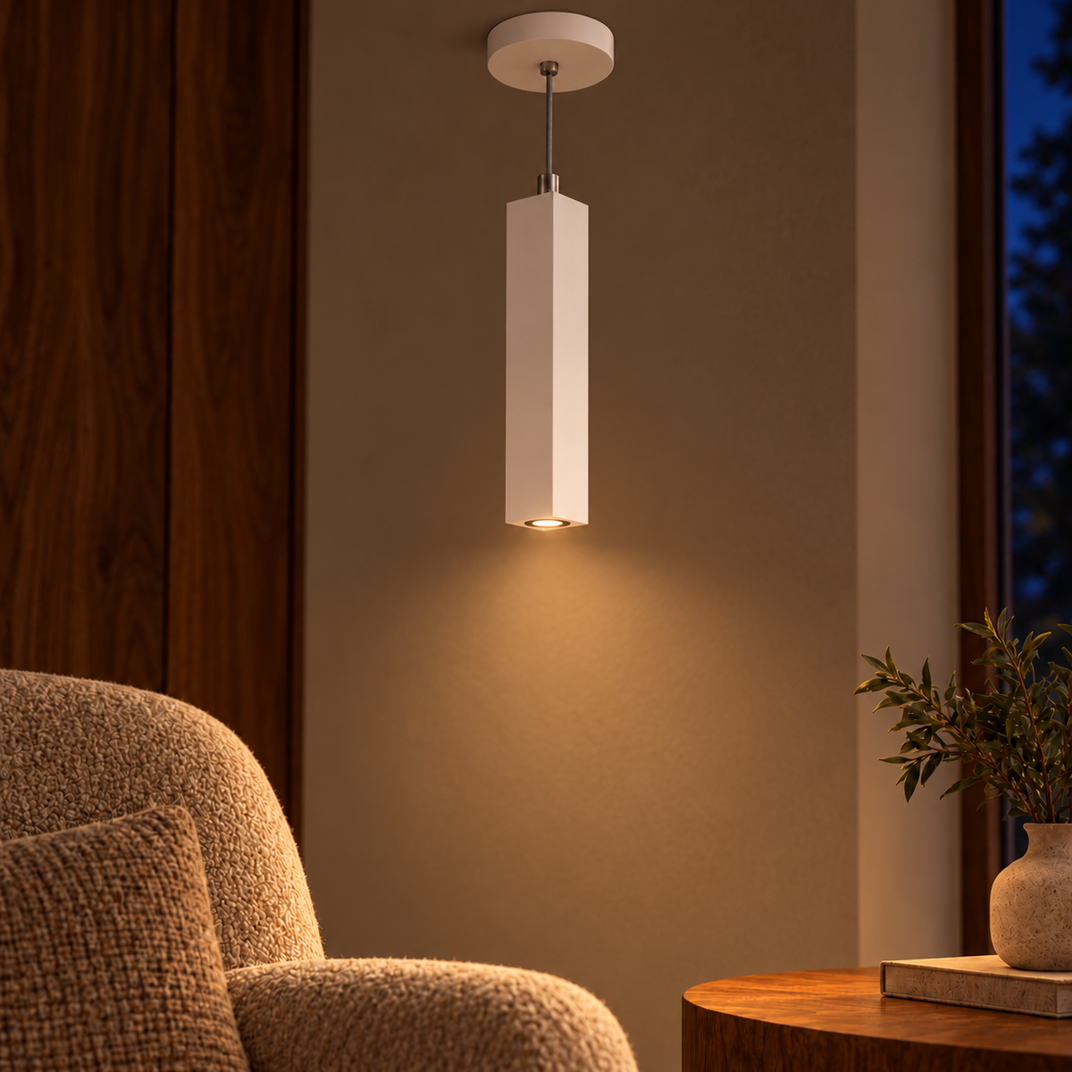 Prisma White Square Pendant Light, evening interior, light on
