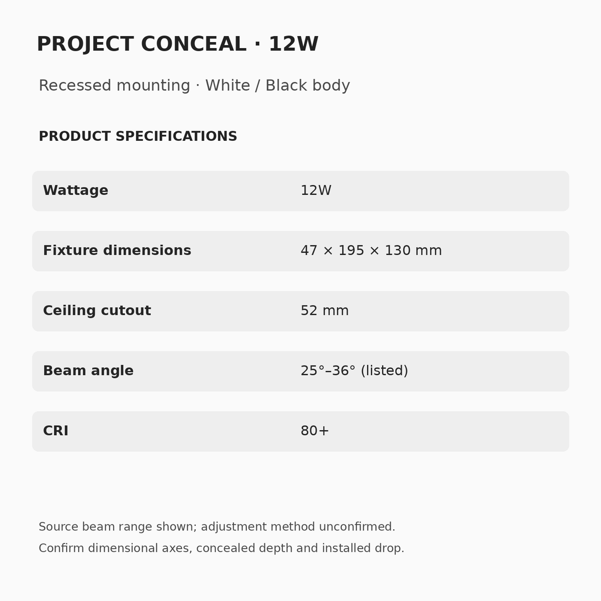 PROJECT CONCEAL 12W: raw dimensions 47 × 195 × 130 mm; 52 mm ceiling cutout; source-listed 25°–36° beam; CRI 80+. Dimensional axes and beam adjustment method unconfirmed.
