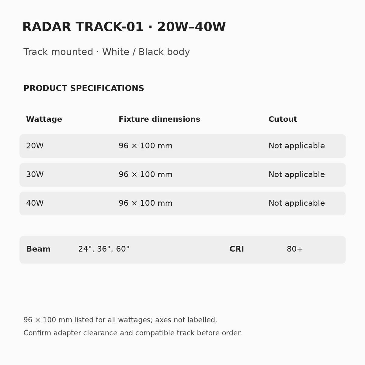 RADAR TRACK-01 20W, 30W and 40W: listed dimensions 96 × 100 mm each, no recessed cutout, 24°/36°/60° beam and CRI 80+. Dimensional axes and full installed drop need confirmation.