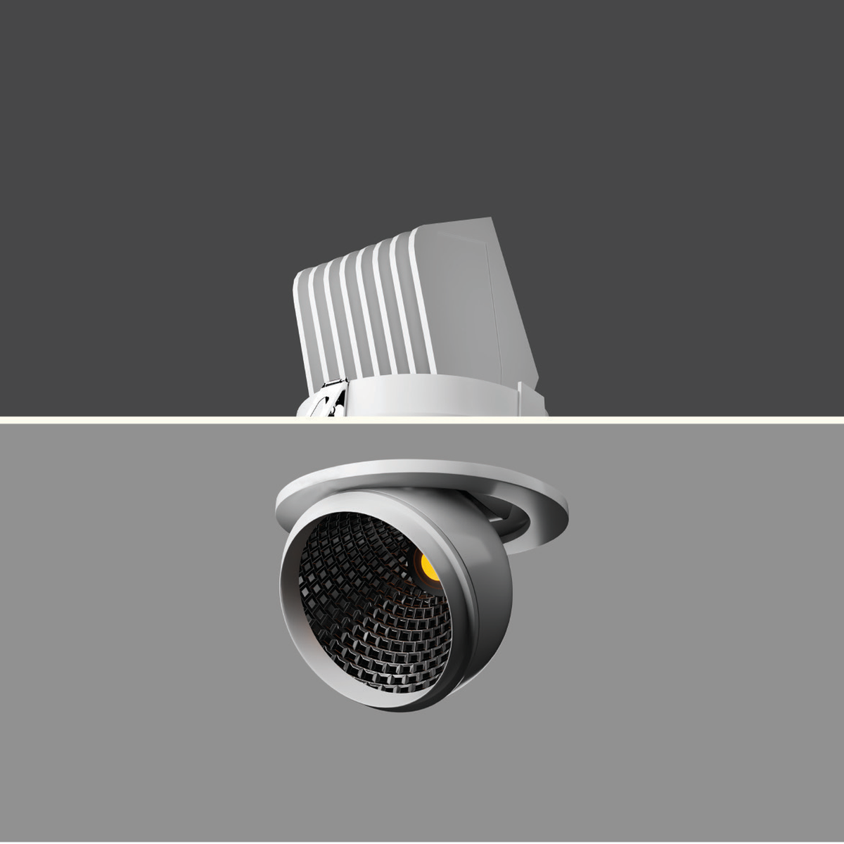 RECLINER 02 white-body recessed spotlight family reference with original projecting circular head, cellular optical insert, trim and concealed heat sink; exact photographed wattage and black-body photo unavailable.