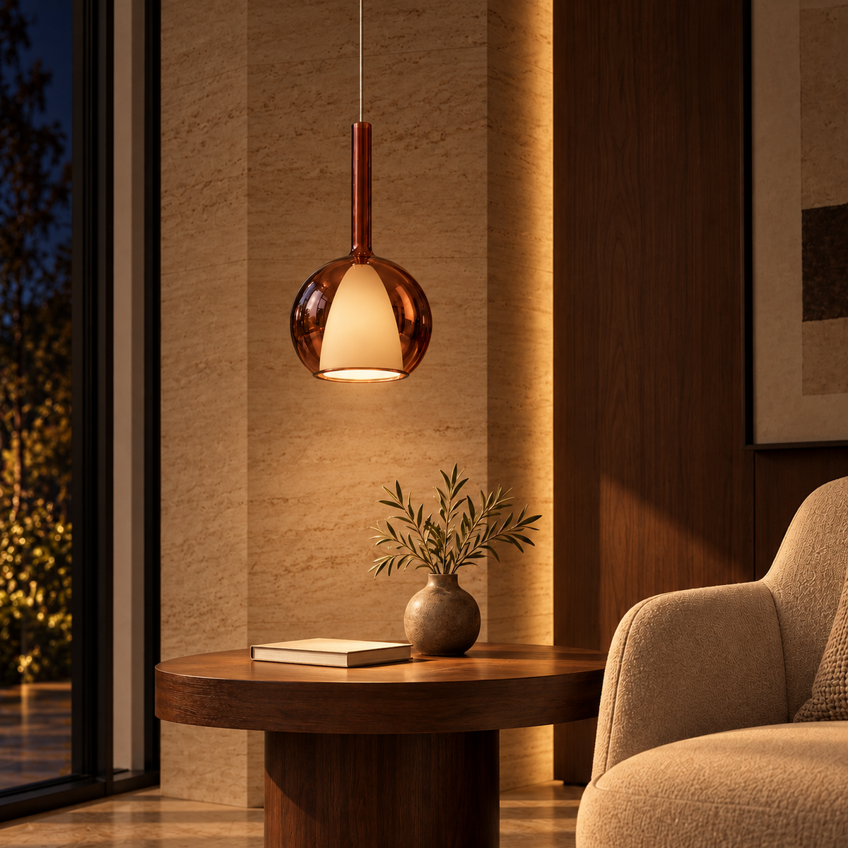 Red Wine Glass Single Pendant, illuminated in a nighttime interior