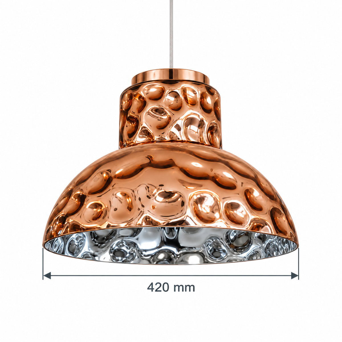 Rose Gold Dimpled Bell Pendant, dimension diagram; Widest shade body diameter only: 420 mm. Shade height and suspension drop are not specified.