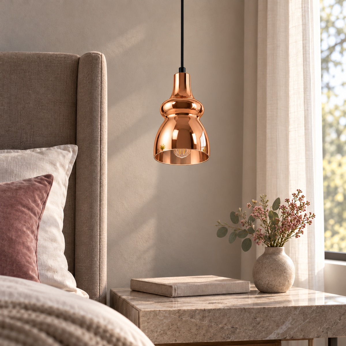 Rose Gold Glass Bottle Pendant, unlit in a daytime interior