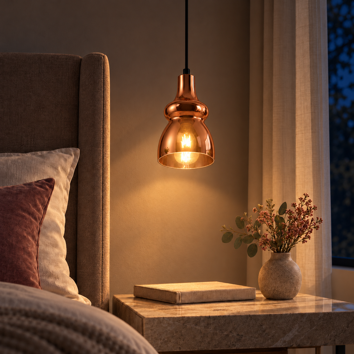 Rose Gold Glass Bottle Pendant, illuminated in a nighttime interior