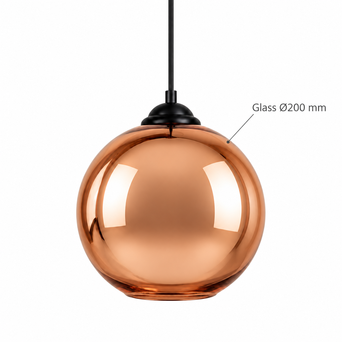 Rose Gold Mirrored Glass Globe Pendant, dimension diagram; Glass globe diameter only: 200 mm. Overall height and suspension drop are not specified.
