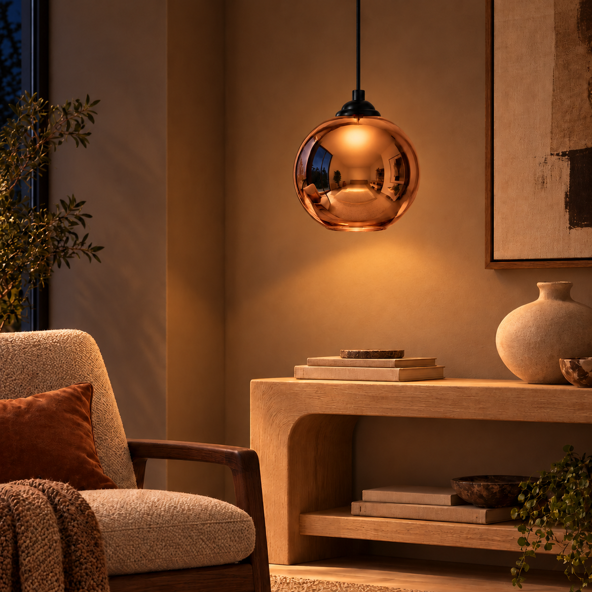 Rose Gold Mirrored Glass Globe Pendant, illuminated in a nighttime interior