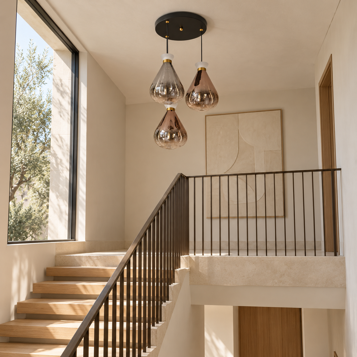 Rovina Three-Drop Glass Teardrop Chandelier, daylight interior, light off