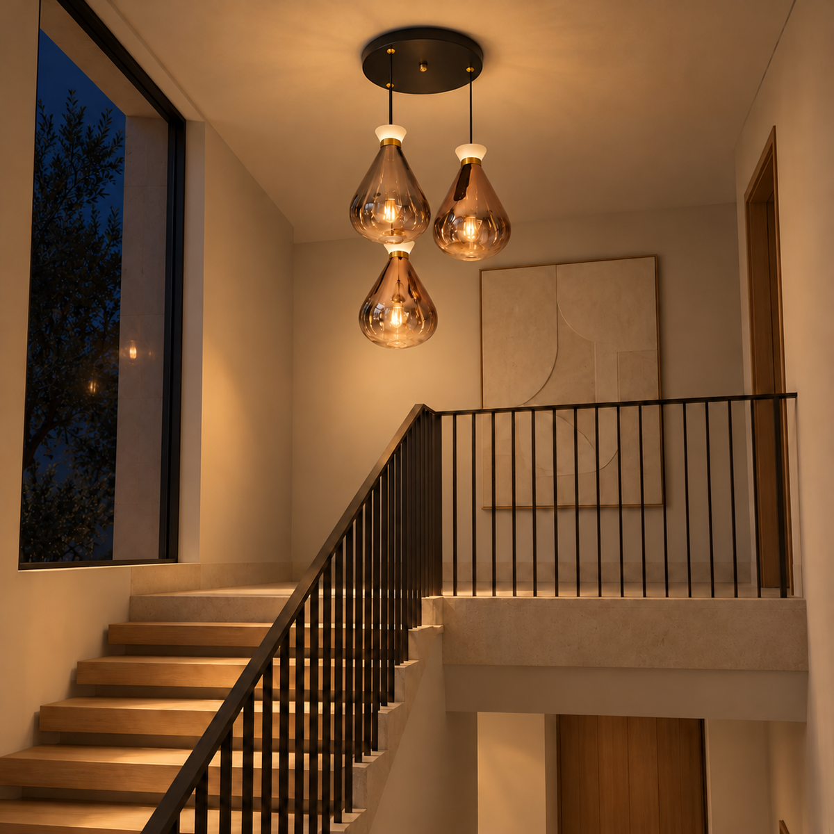 Rovina Three-Drop Glass Teardrop Chandelier, evening interior, light on