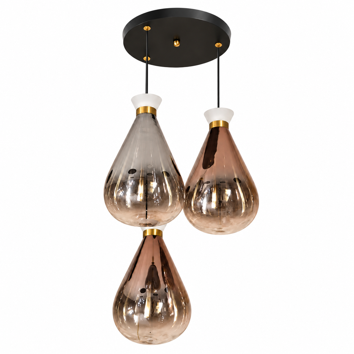Rovina Three-Drop Glass Teardrop Chandelier, studio view on white