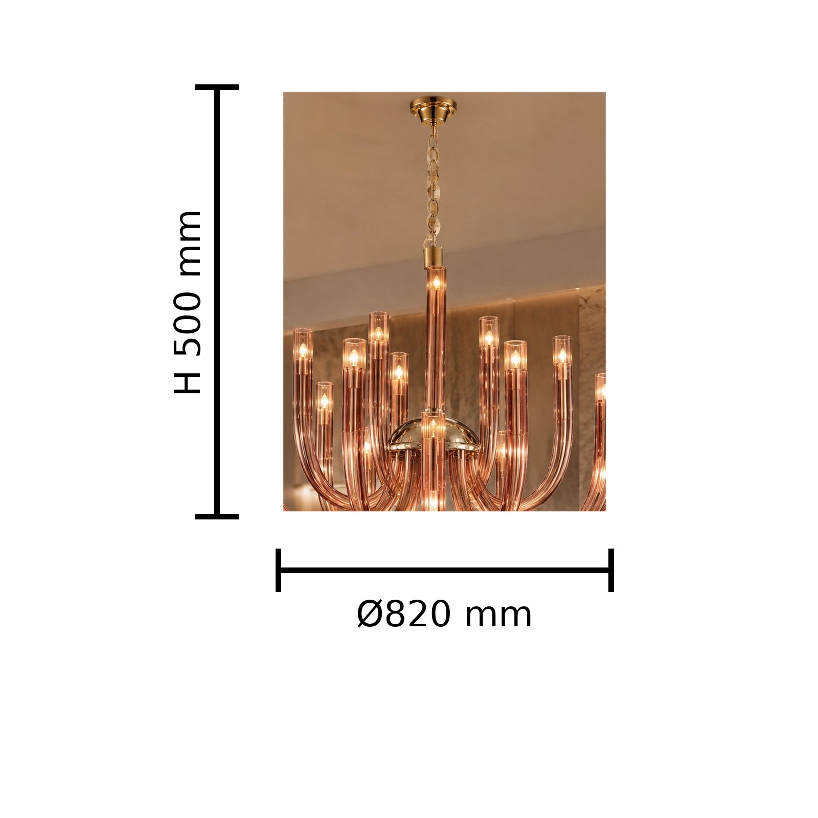 Light Purple Glass Chandelier dimension image, Ø820 mm x H500 mm