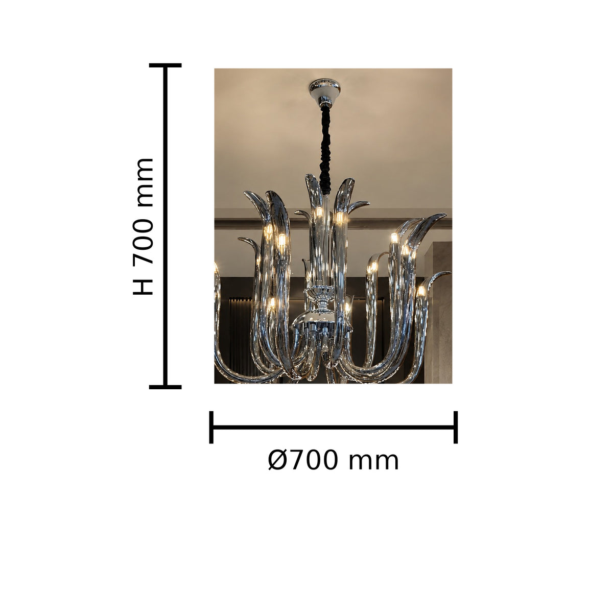 Smoke Curve Glass Chandelier dimension image, Ø700 mm x H700 mm