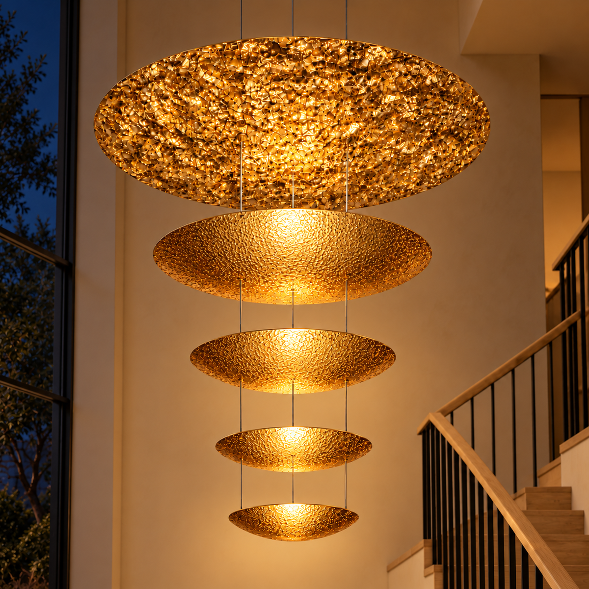 Scala Five-Disc Cascade Chandelier, evening interior, light on