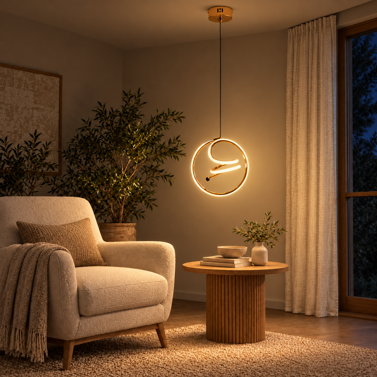Sculptural Curl Ring Pendant, illuminated in a nighttime interior