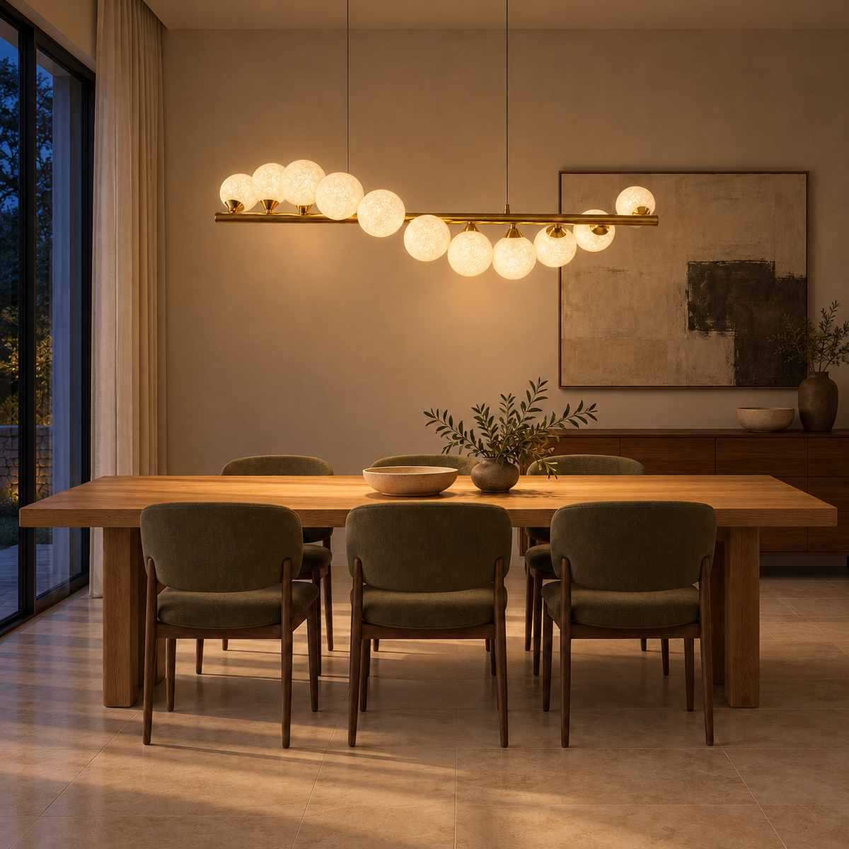 Selene Eleven-Globe Linear Chandelier, evening interior, light on