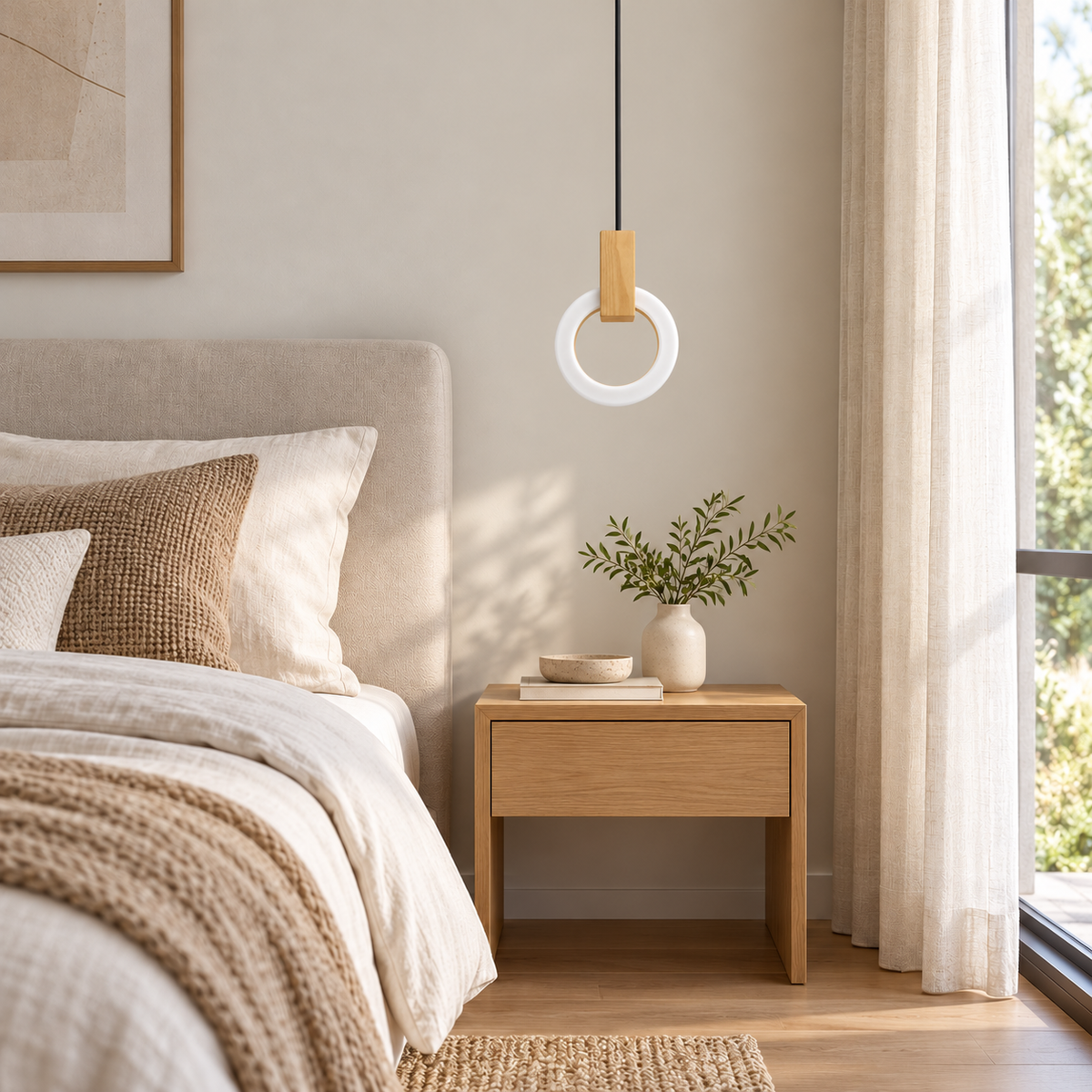 Silva Wood & Acrylic Halo Pendant Light 200 mm, daylight interior, light off