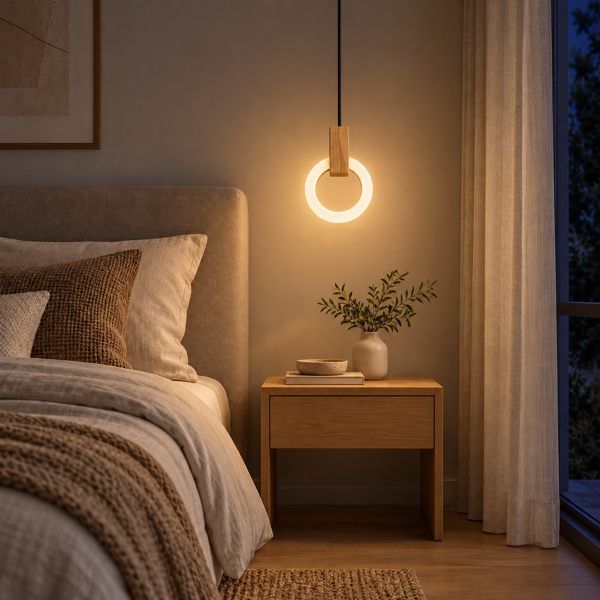 Silva Wood & Acrylic Halo Pendant Light 200 mm, evening interior, light on