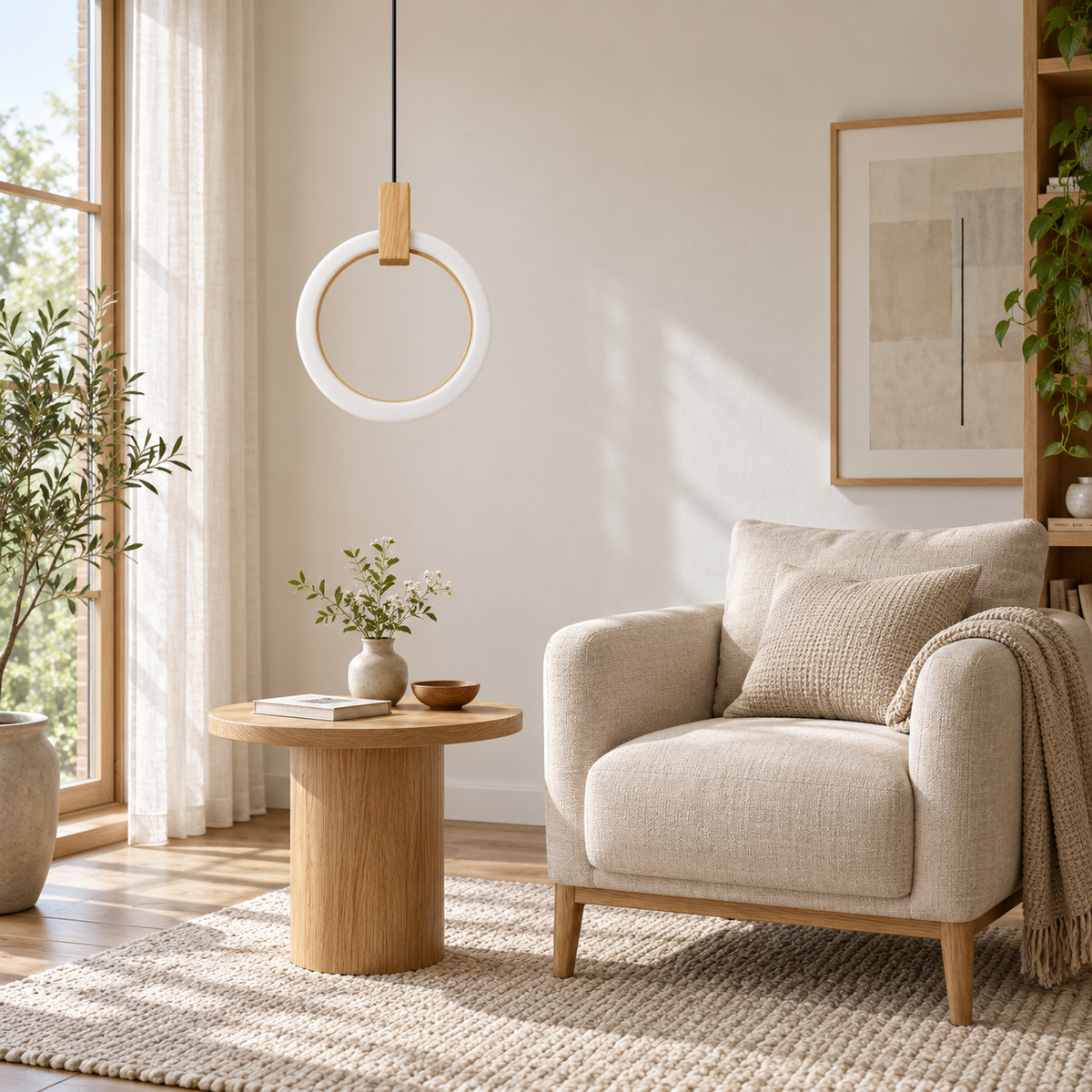 Silva Wood & Acrylic Halo Pendant Light 300 mm, daylight interior, light off