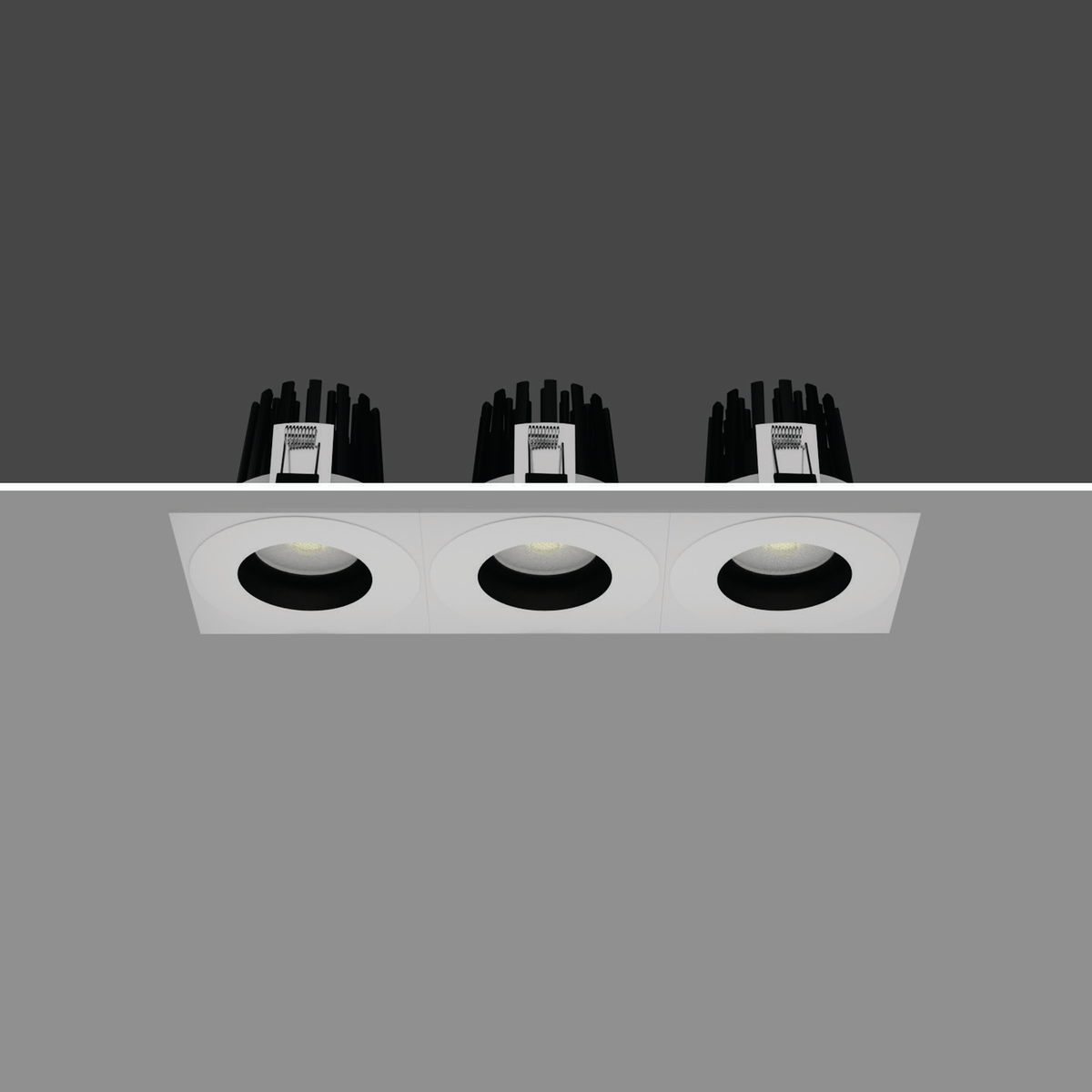 SINK-TRIPPLE 45W recessed downlight with three 15W heads, original white-body installed reference view.