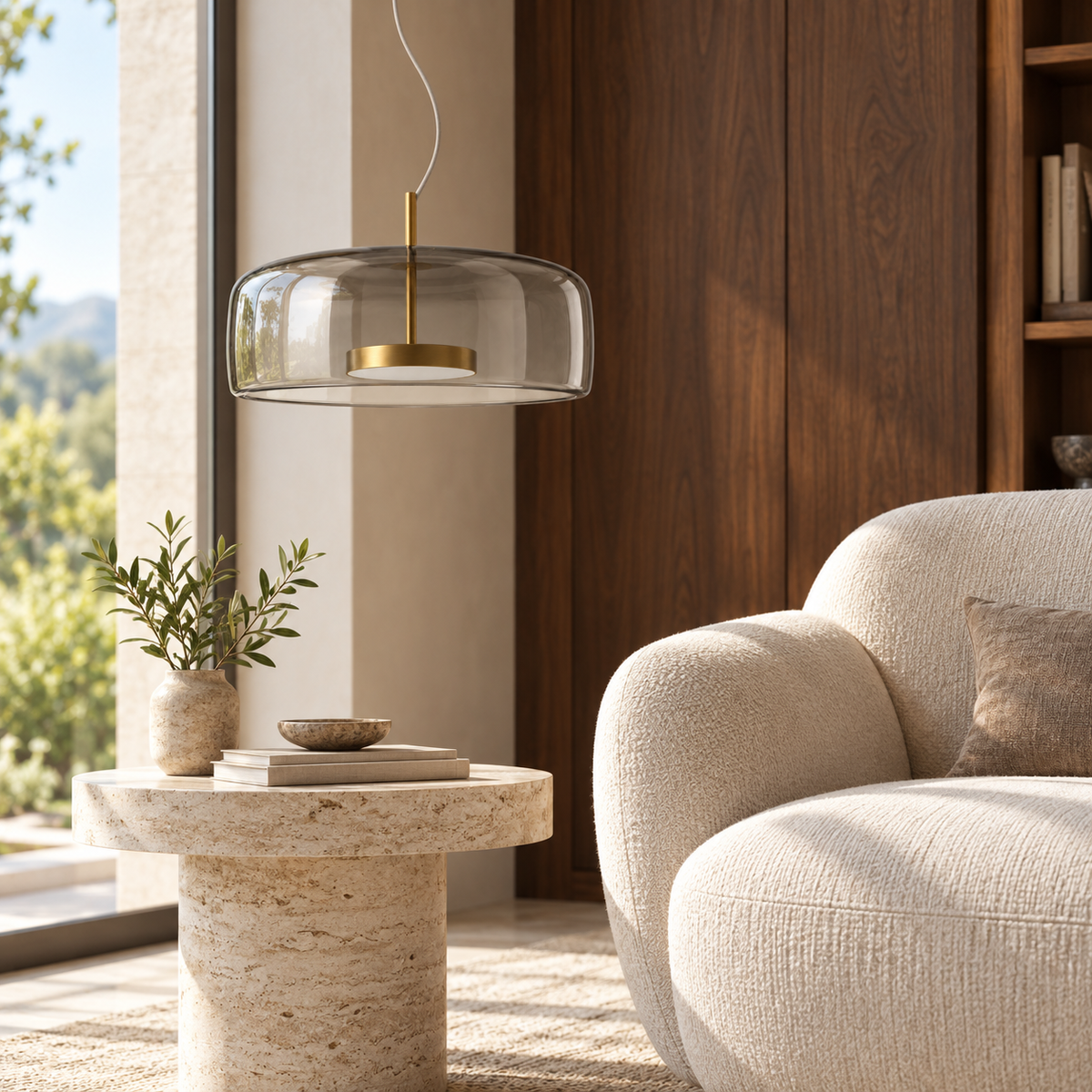 Smoke Glass Shallow Dome Pendant, unlit in a daytime interior
