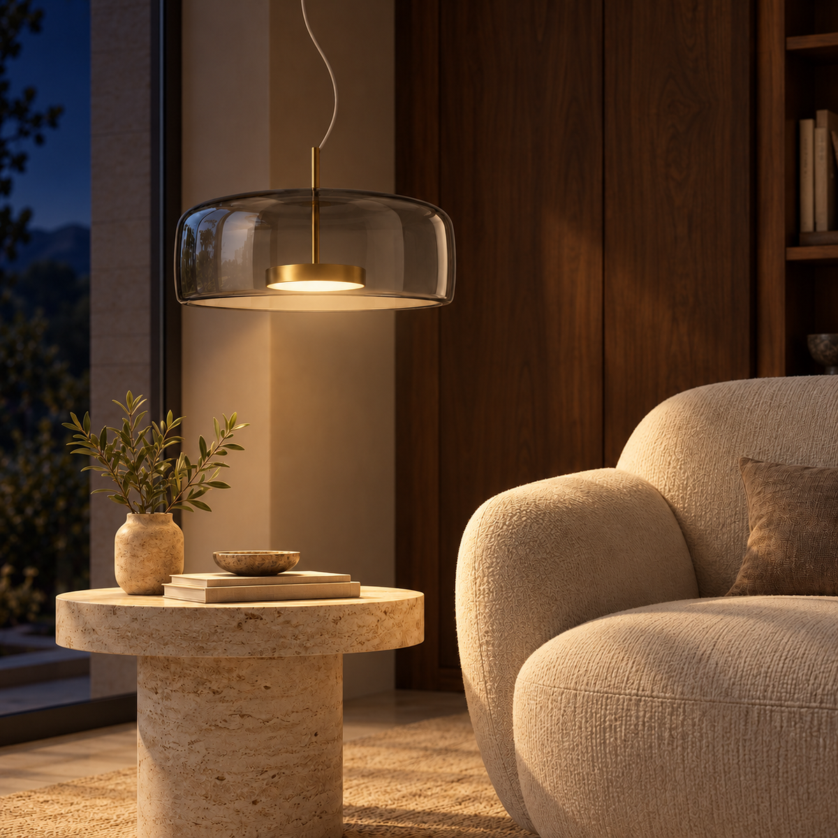 Smoke Glass Shallow Dome Pendant, illuminated in a nighttime interior